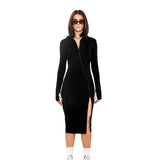 [REVENGE] ZIP UP Midi Long Sleeve Hoodie Dress in Black