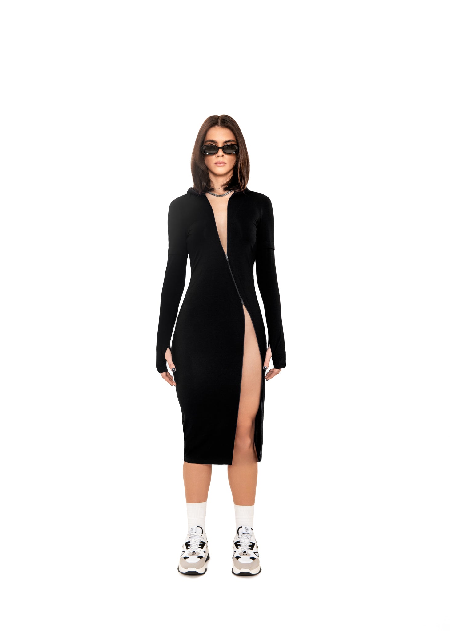 REVENGE] ZIP UP Midi Long Sleeve Hoodie Dress in Black – TRACKSUITBAE
