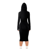 [REVENGE] ZIP UP Midi Long Sleeve Hoodie Dress in Black