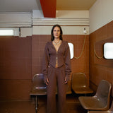 Double Waistband Zip Pocket Trousers in Chocolate Martini